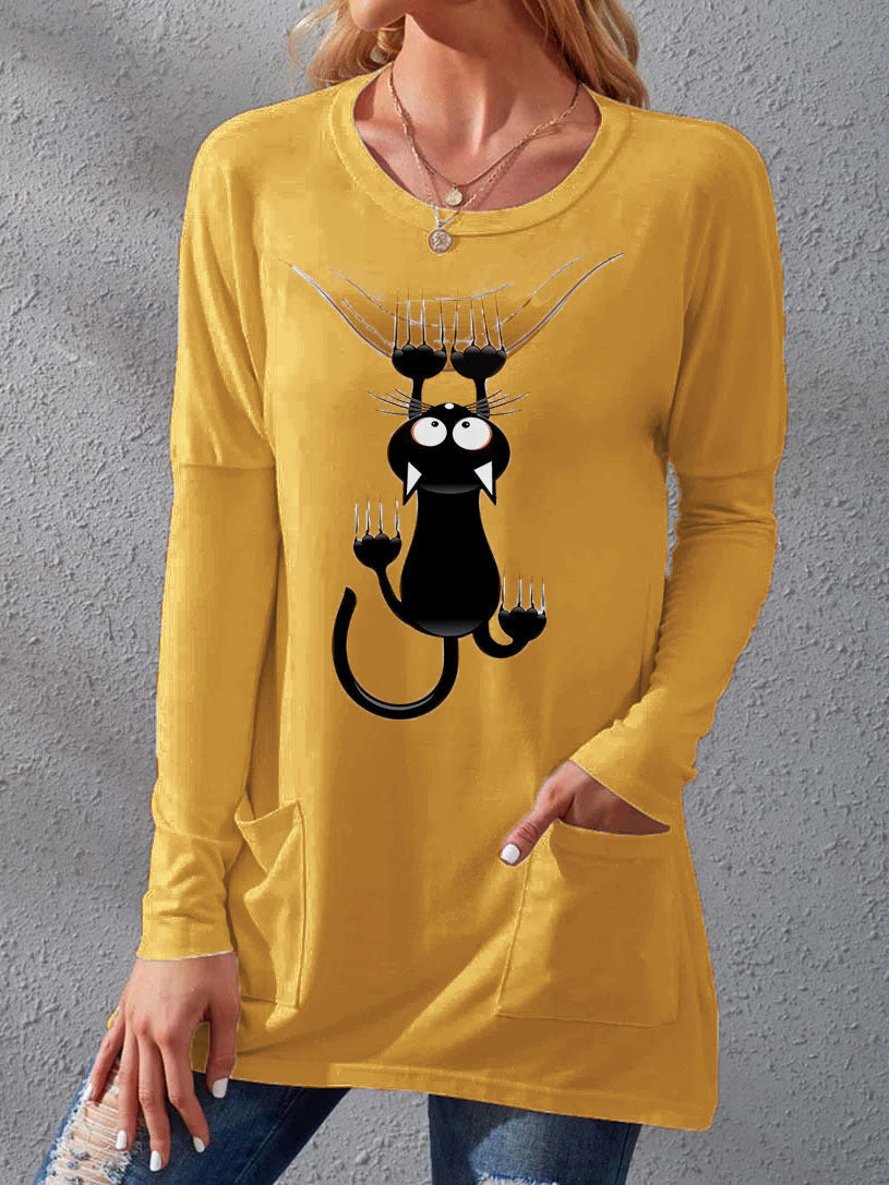 Damen Langere Baumwollmischung Tunika Shirt mit Cartoon-Katzen-Druck und Seitentaschen Drune