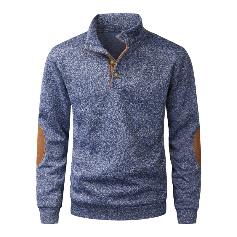 Herren Strickpullover mit Stehkragen, Knopfleiste & Ellbogenpatches Drune