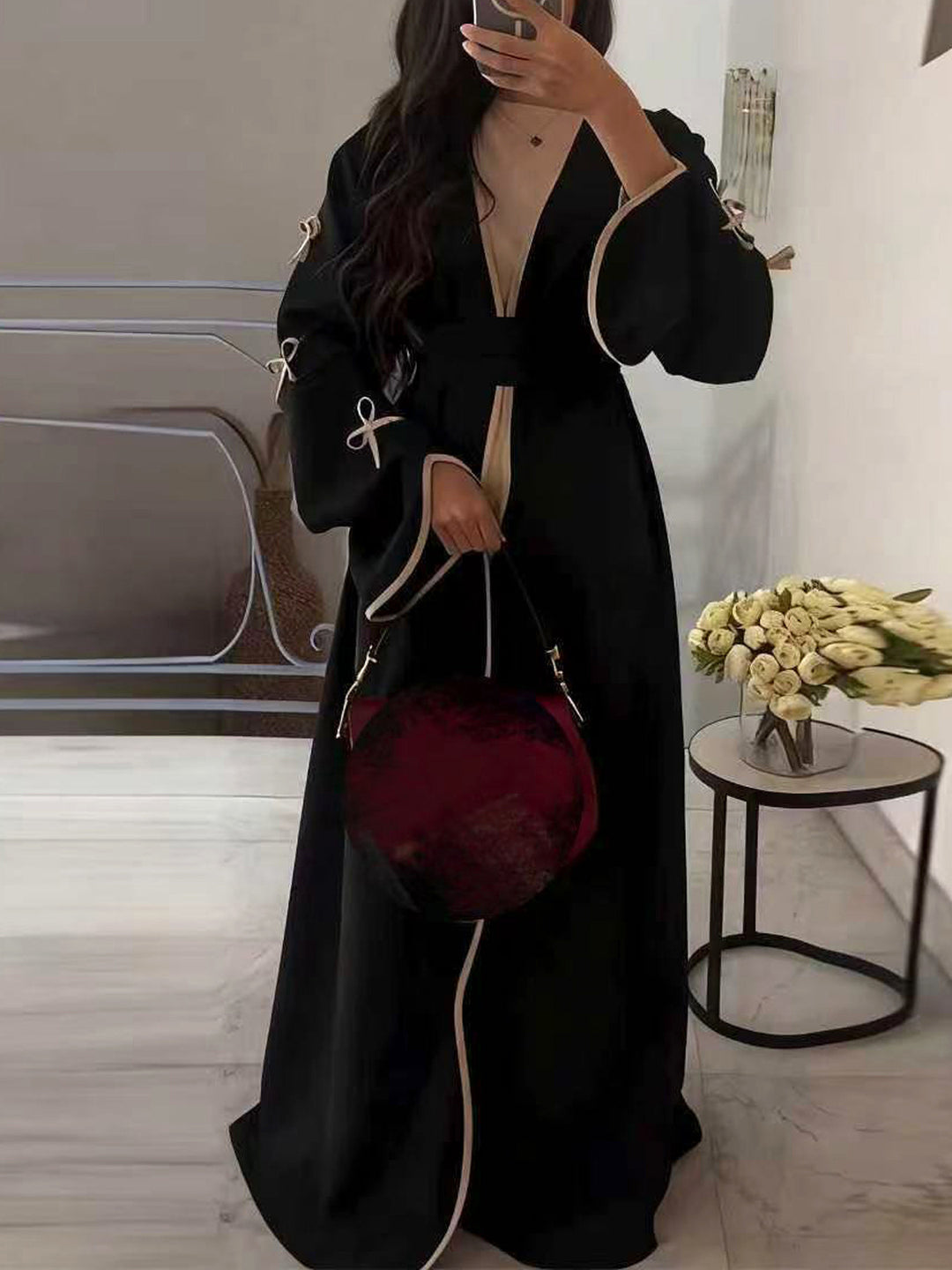 Damen nan elegante Abaya-Kaftan mit weitem Trompetenärmel, kontrastierender Passe und Wickelgürtel Drune