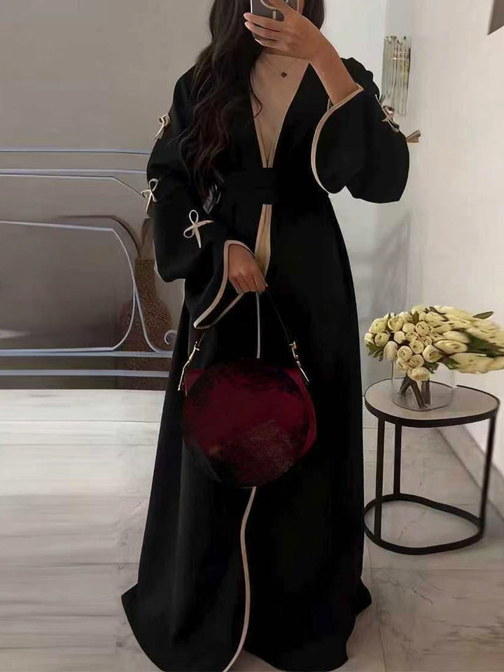 Damen nan elegante Abaya-Kaftan mit weitem Trompetenärmel, kontrastierender Passe und Wickelgürtel Drune