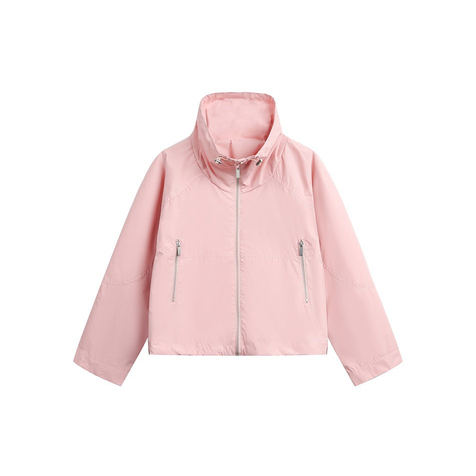 Damen Leichte Cropped Übergangsjacke mit hohem Stehkragen und Reißverschlusstaschen Drune