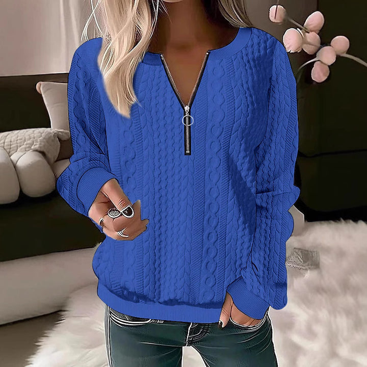 Damen Strickpullover mit Zopfmuster und halbem Reißverschluss Drune