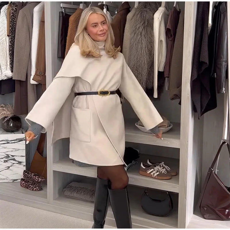 Damen Modische Wolljacke mit asymmetrischem Schnitt und praktischen Taschen Drune