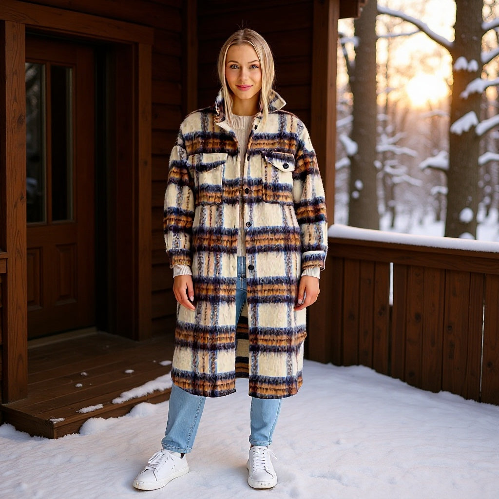 Damen Modischer Oversized-Wollmantel mit Karomuster Drune