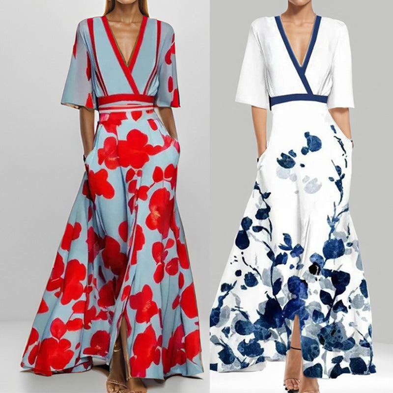 Damen Maxikleid mit Wickeloberteil, Taillengürtel und fließendem Satinrock Drune