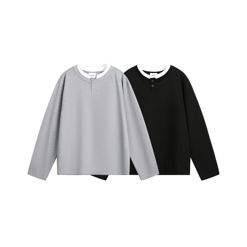Unisex Lässiges Layering-Henley-Langarmshirt mit Kontrast-Doppelkragen Drune