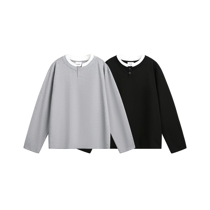 Unisex Lässiges Layering-Henley-Langarmshirt mit Kontrast-Doppelkragen Drune