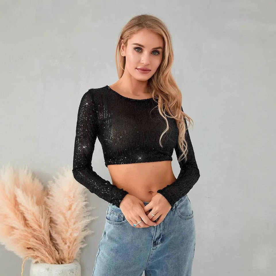 Damen Glitzerndes Langarm-Top mit funkelnden Pailletten Drune
