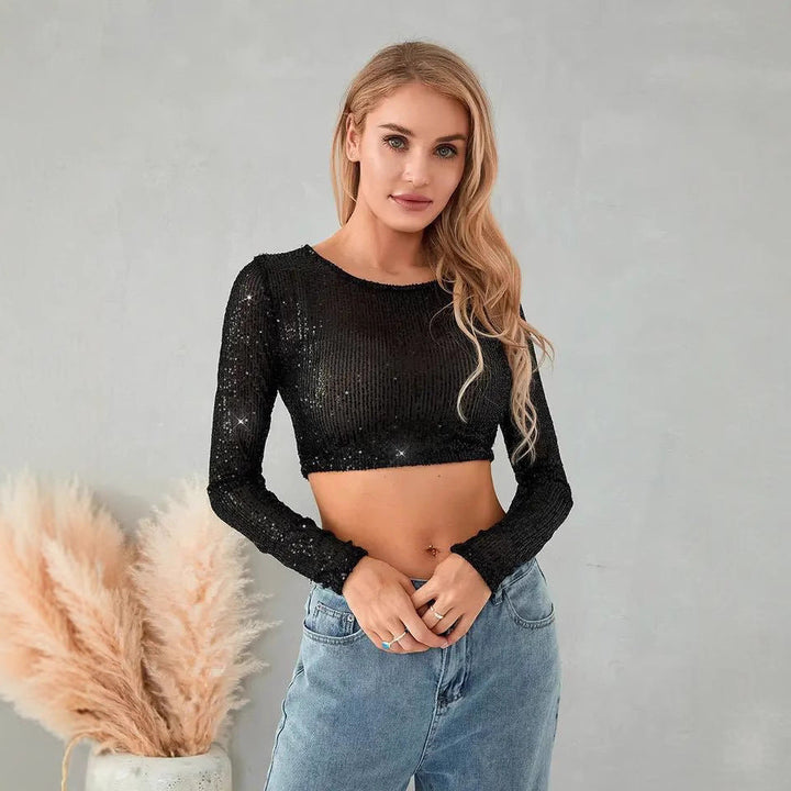 Damen Glitzerndes Langarm-Top mit funkelnden Pailletten Drune