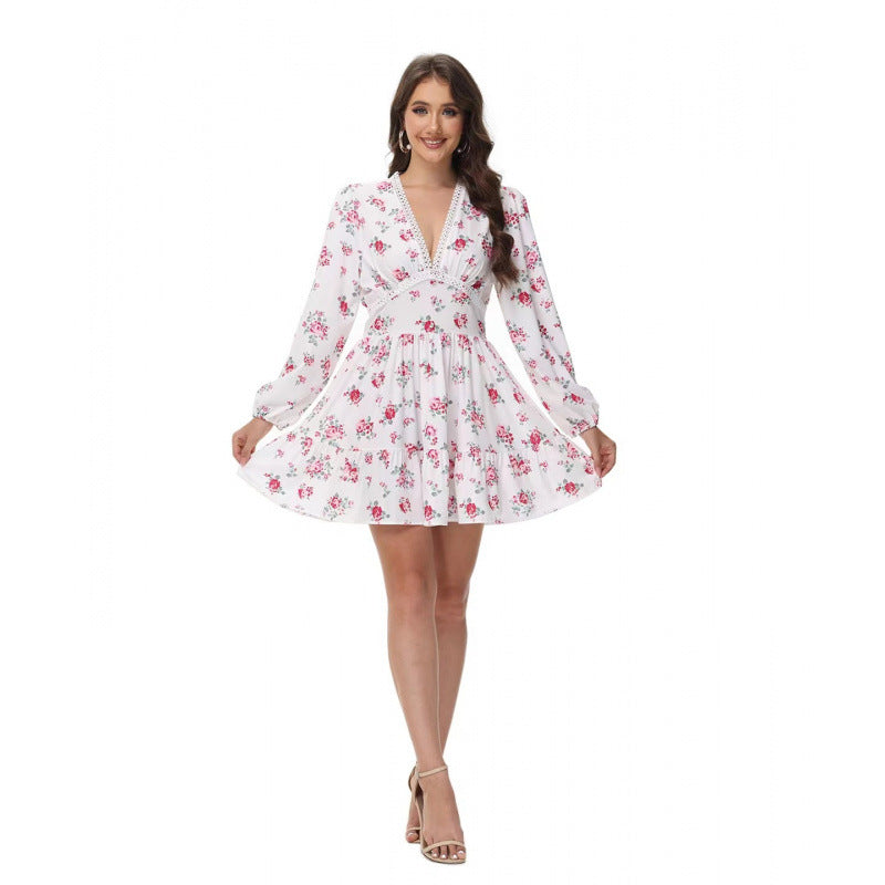 Damen Boho-florales Minikleid mit V-Ausschnitt und Puffärmeln Drune