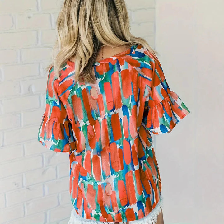 Damen Kurzarm Bluse mit buntem Grafikdesign Drune