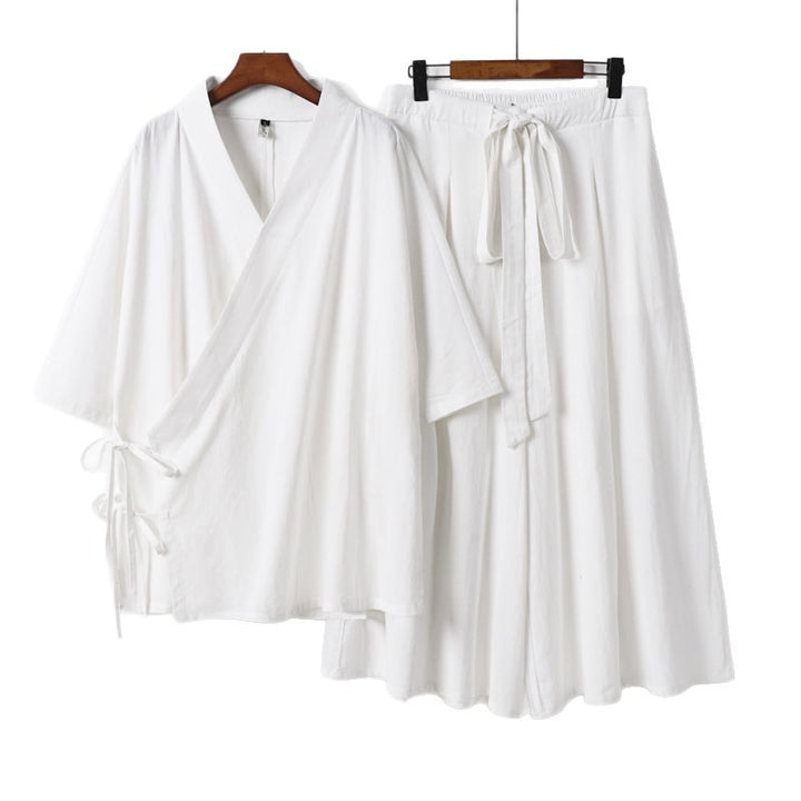 Damen Kimono-Loungewear-Set aus leichter Viskose mit Wickeloberteil und weitem Culotte-Hosenrock Drune