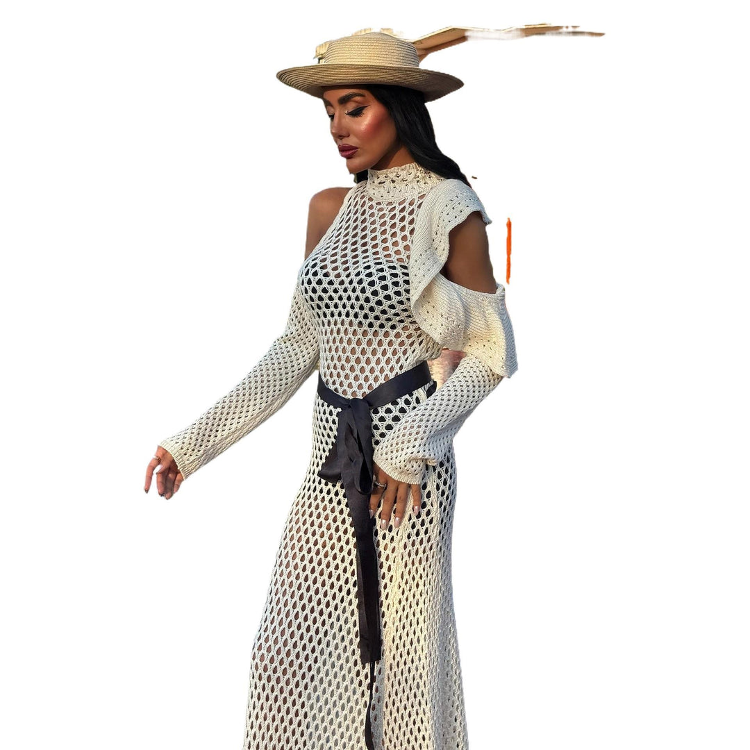 Damen schulterfreies Netzkleid mit eleganten Rüschen Drune
