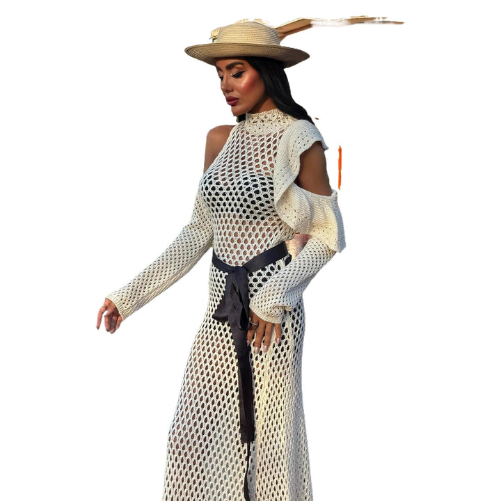 Damen schulterfreies Netzkleid mit eleganten Rüschen Drune