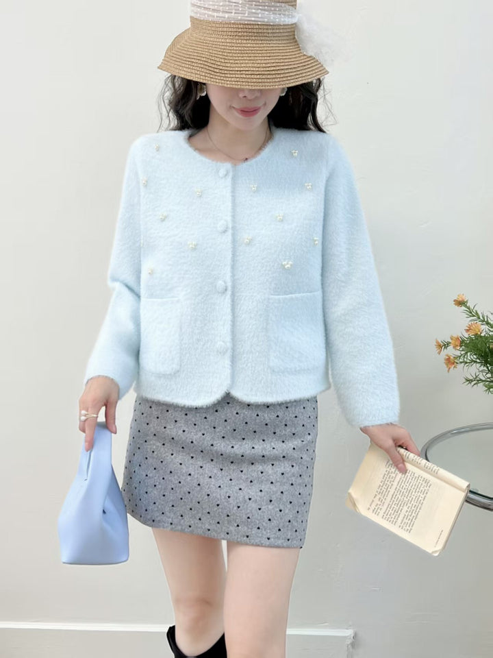 Damen Kuschelige Strickjacke mit Perlenverzierung und klassischen Rundhalsausschnitt Drune