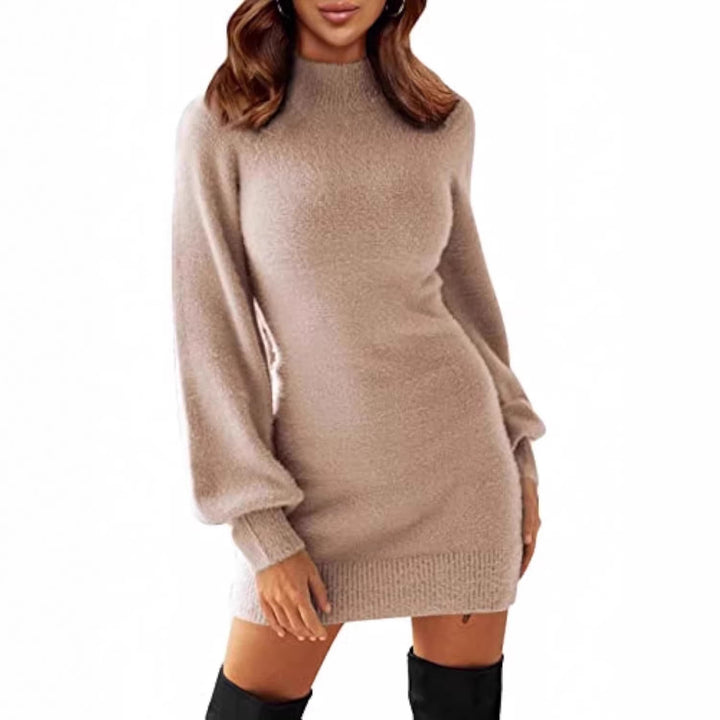 Damen Tailliertes Teddy-Strick-Minikleid mit Stehkragen und Ballonärmeln Drune