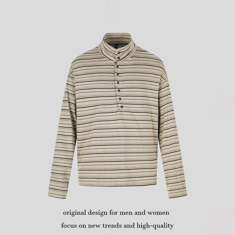 Herren Lässiges Henley-Langarmshirt mit Stehkragen und feinem Streifenmuster Drune