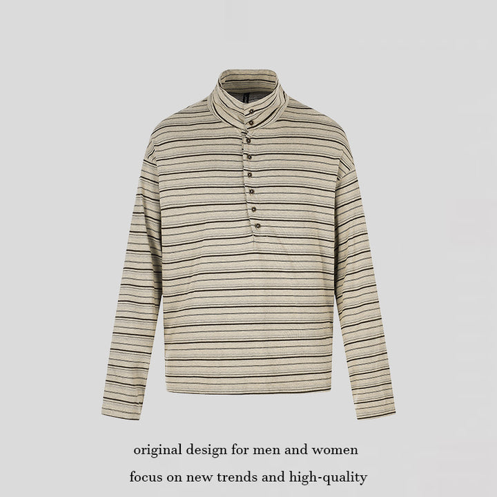 Herren Lässiges Henley-Langarmshirt mit Stehkragen und feinem Streifenmuster Drune