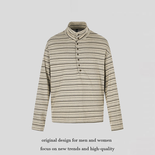 Herren Lässiges Henley-Langarmshirt mit Stehkragen und feinem Streifenmuster Drune