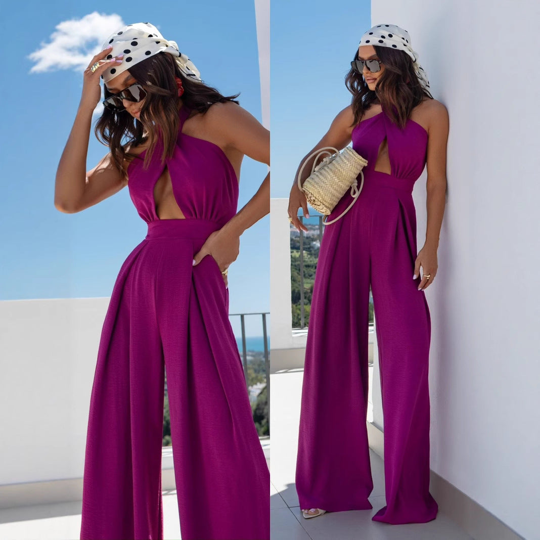 Damen Jumpsuit mit tiefem V-Ausschnitt und weiten Beinen Drune