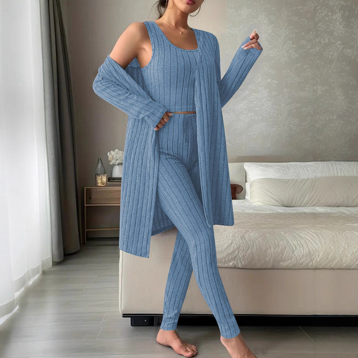 Damen Dreiteiliges geripptes Lounge-Set mit Longcardigan, Crop-Top und High-Waist-Leggings Drune