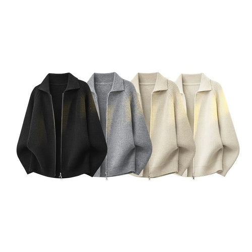 Damen Oversize-Strickjacke mit durchgehendem Reißverschluss, gerippter Struktur & Stehkragen Drune