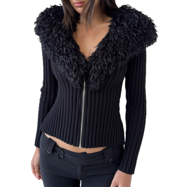 Damen Taillierter Rippstrick-Cardigan mit Reißverschluss und voluminösem Kunstfellkragen Drune