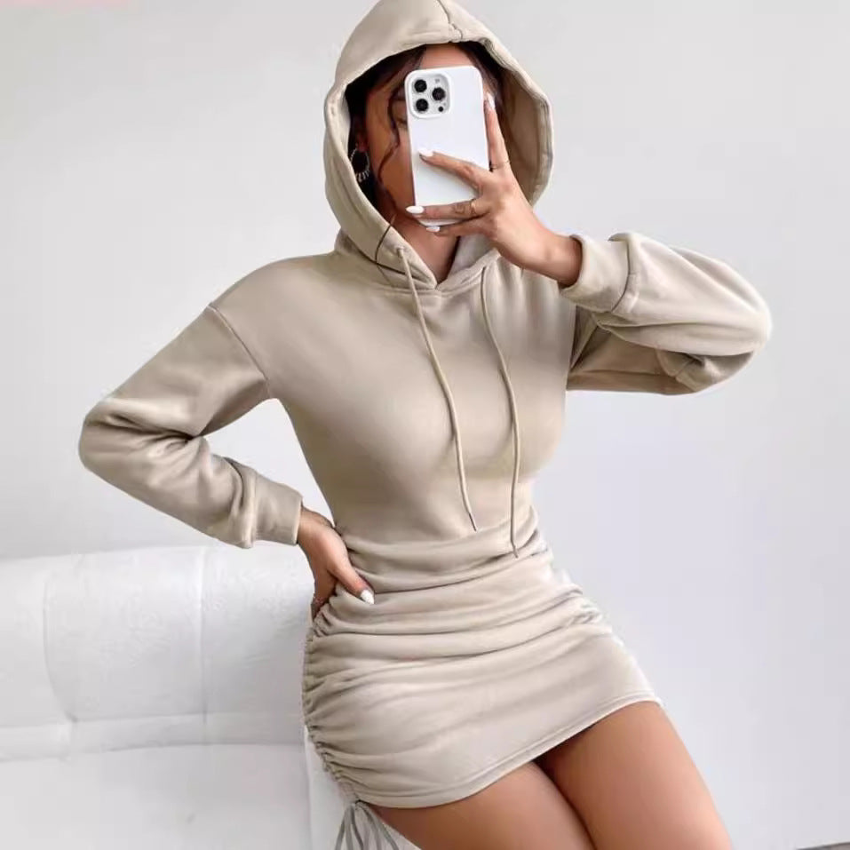 Damen Kapuzenkleid mit gerafftem Saum und bequemem Schnitt Drune