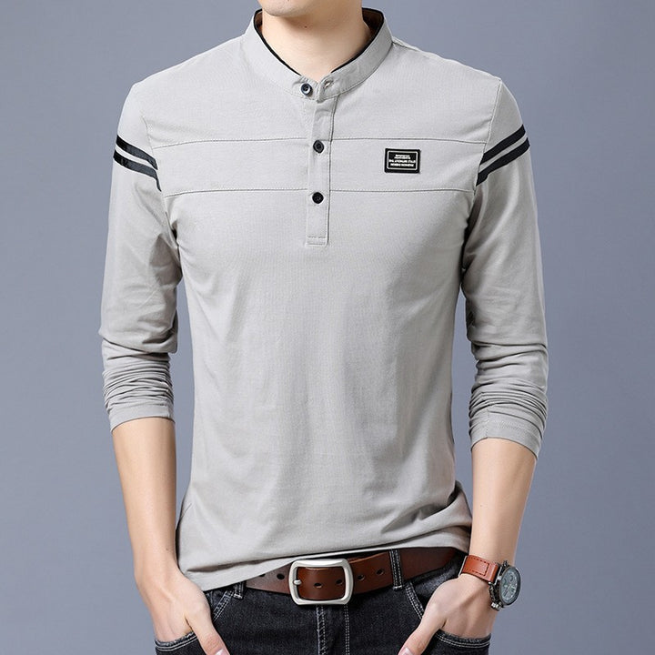 Herren Slim-Fit Langarm-Henley mit Stehkragen und Schulterstreifen Drune