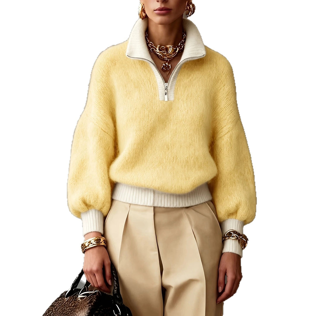 Damen Flauschiger Pullover mit halbem Reißverschluss, Stehkragen und Ballonärmeln Drune