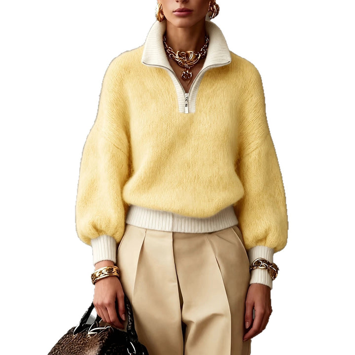 Damen Flauschiger Pullover mit halbem Reißverschluss, Stehkragen und Ballonärmeln Drune