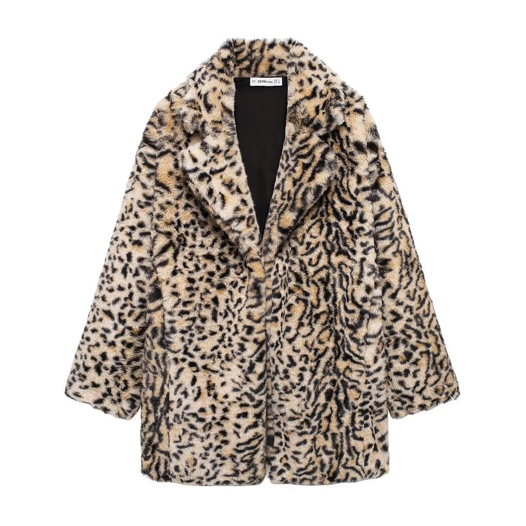 Damen nan oversized Kunstfellmantel mit Leopardenmuster, voluminösem Schalkragen und praktischen Eingrifftaschen Drune