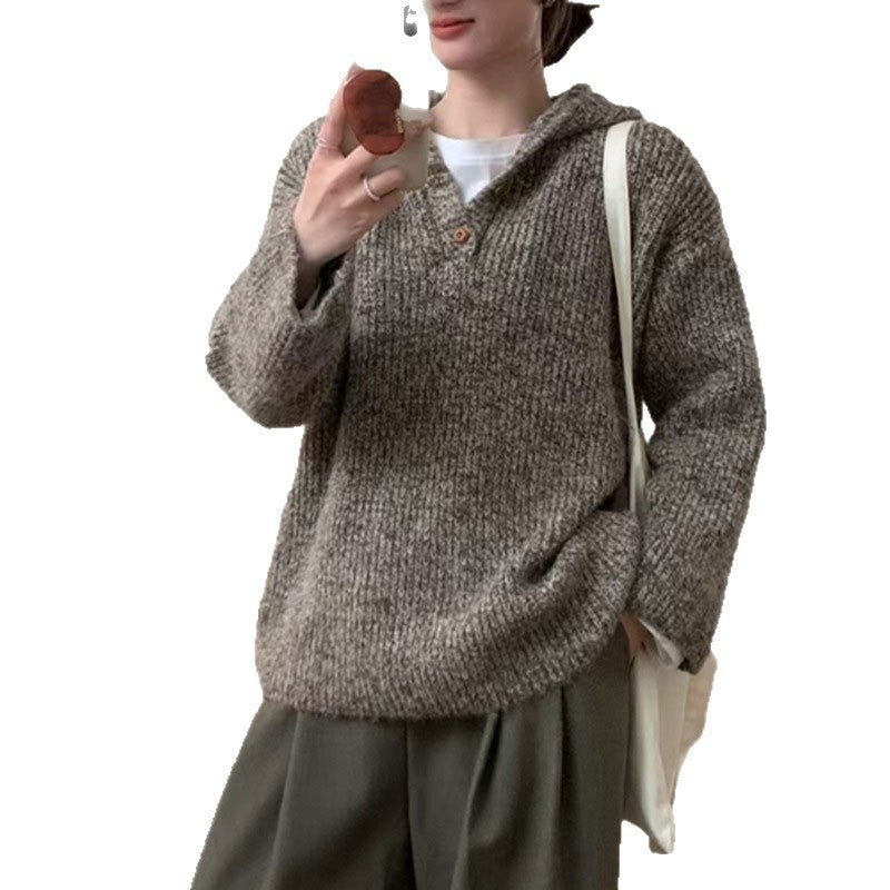 Damen bequemer Strickpullover mit Knopfleiste und Kapuze Drune