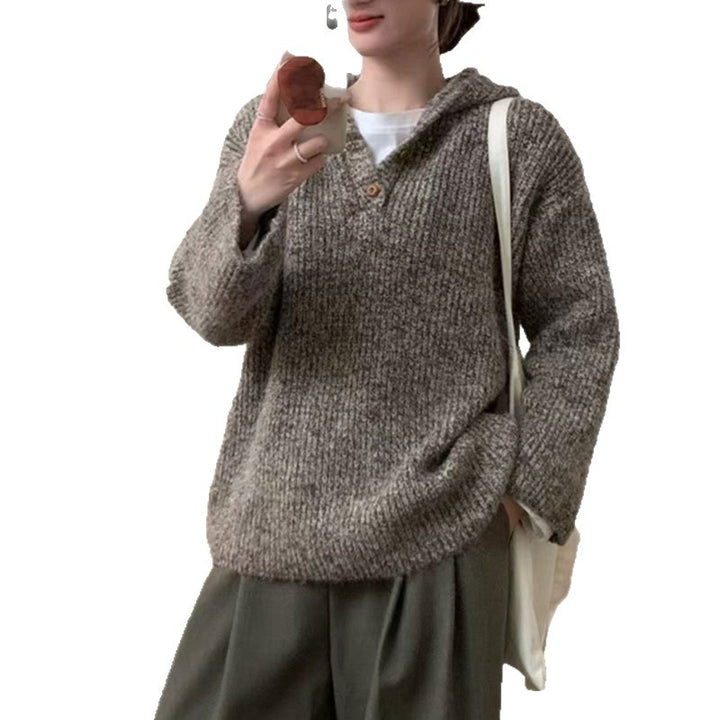 Damen bequemer Strickpullover mit Knopfleiste und Kapuze Drune