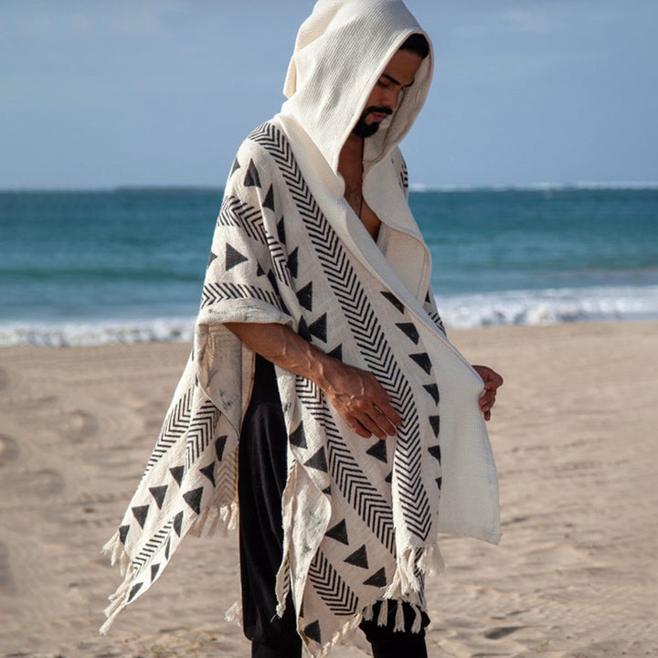 Herren Strandponcho mit Kapuze und geometrischem Jacquardmuster Drune