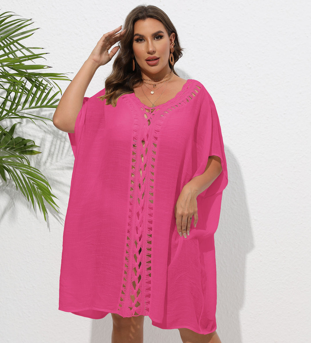 Damen Luftiger Strandkimono mit dekorativer Häkelspitze Drune
