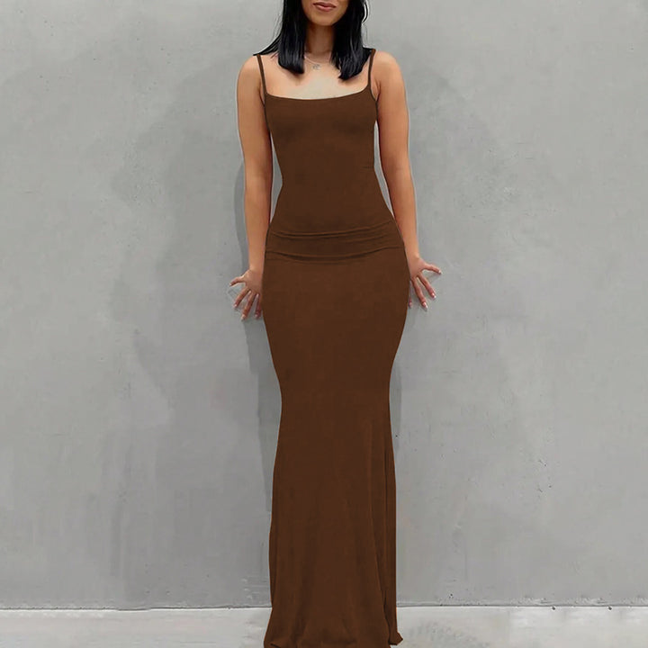 Damen elegantes Maxikleid mit schmalen Spaghettiträgern und fließendem Schnitt Drune