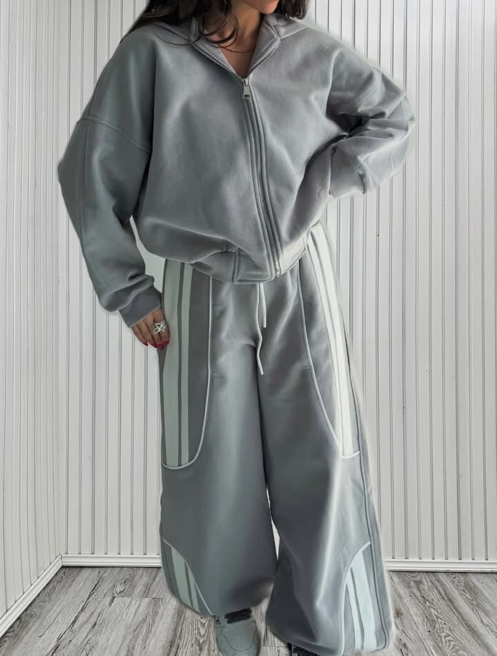 Damen Oversize Kapuzen-Sweatjacke mit Reißverschluss und weitem Trackpant-Set Drune