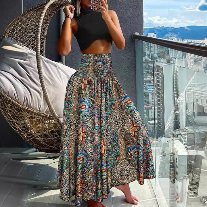 Damen nan Maxirock mit hoher Smok-Taillenpartie und fließender Boho-Faltenoptik Drune