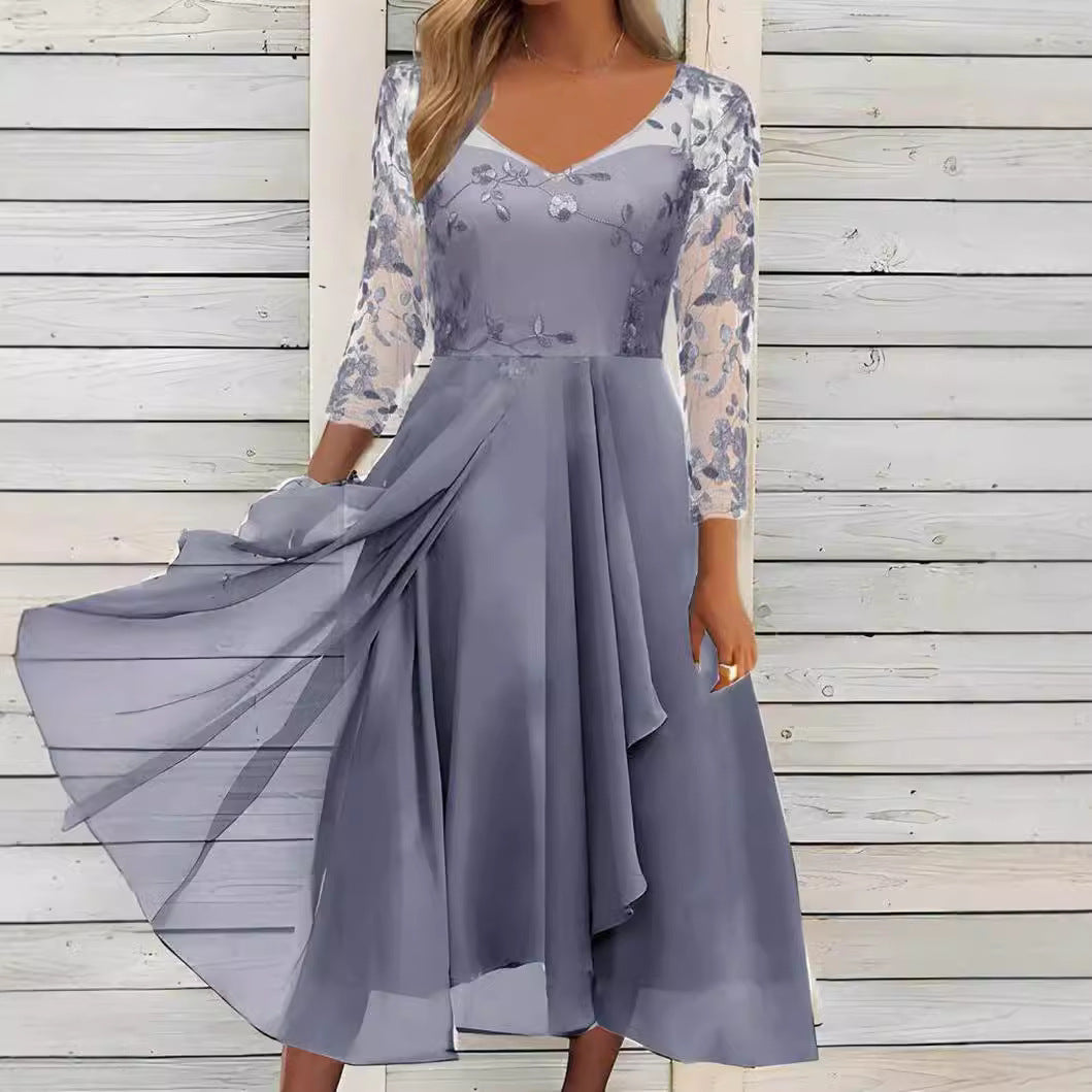 Damen nan elegantes Midikleid mit besticktem Tülloberteil, transparenten Dreiviertelärmeln und mehrlagigem Drapé-Rock Drune