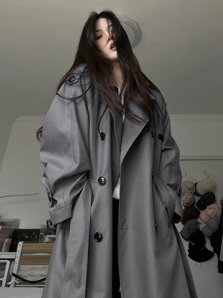 Damen Moderner Boxy-Trenchcoat mit markanter Schulterpartie und Taillengürtel Drune