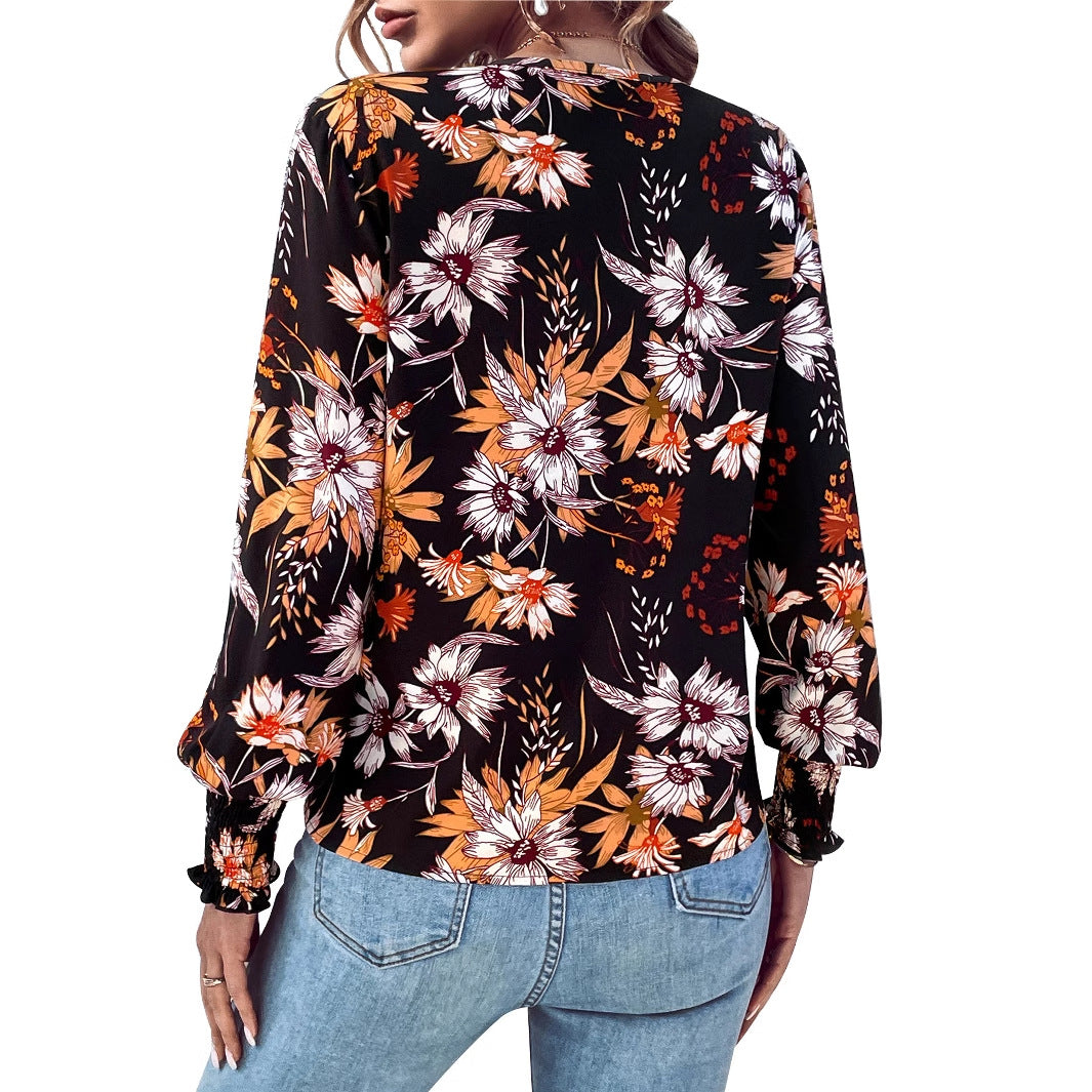 Damen Bluse mit floralem Muster und elastischen Rüschendetails Drune