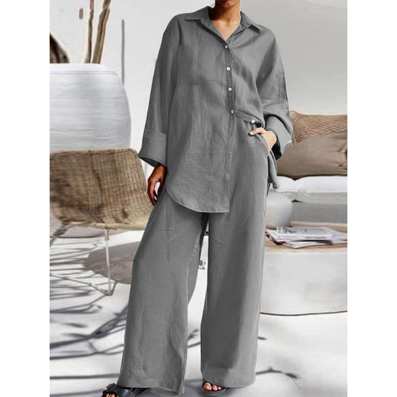Damen Leinen-Lounge-Set mit weitem Hemd und Palazzo-Hose Drune