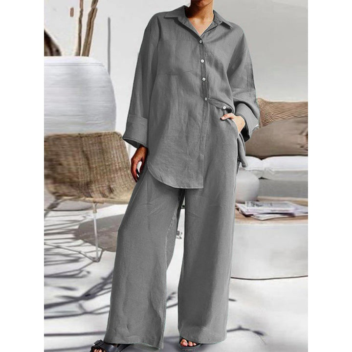 Damen Leinen-Lounge-Set mit weitem Hemd und Palazzo-Hose Drune