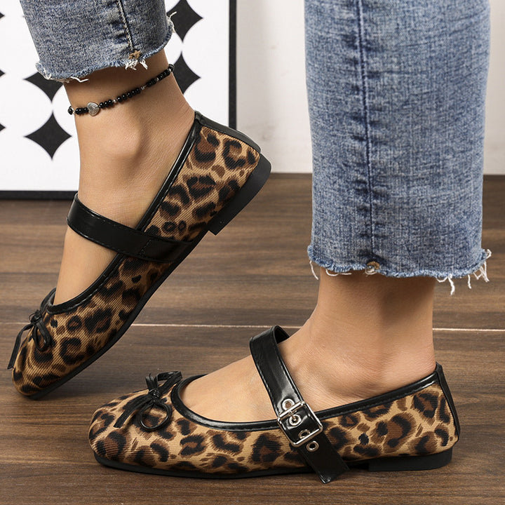 Damen nan Ballerinas mit Leopardenmuster, verstellbarem Mary-Jane-Riemen und dekorativer Schleife Drune