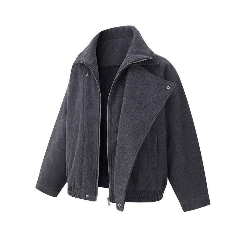 Herren Boxy Wollmix-Blousonjacke mit asymmetrischem Doppelverschluss und hohem Stehkragen Drune