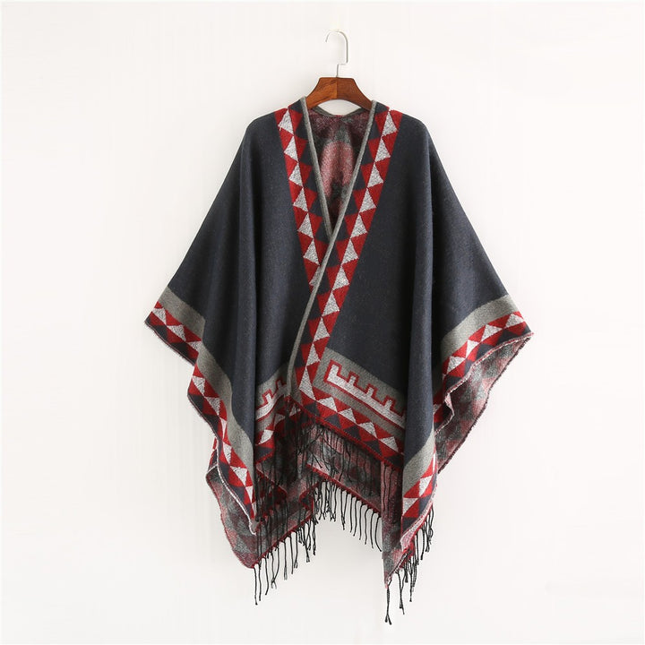 Damen Weichfallender Capeponcho mit Dreieck-Jacquard, Kontrastbordüre und Fransensaum Drune