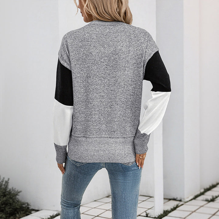 Damen Blockmuster-Strickpullover mit Rundhalsausschnitt und legerer Passform Drune