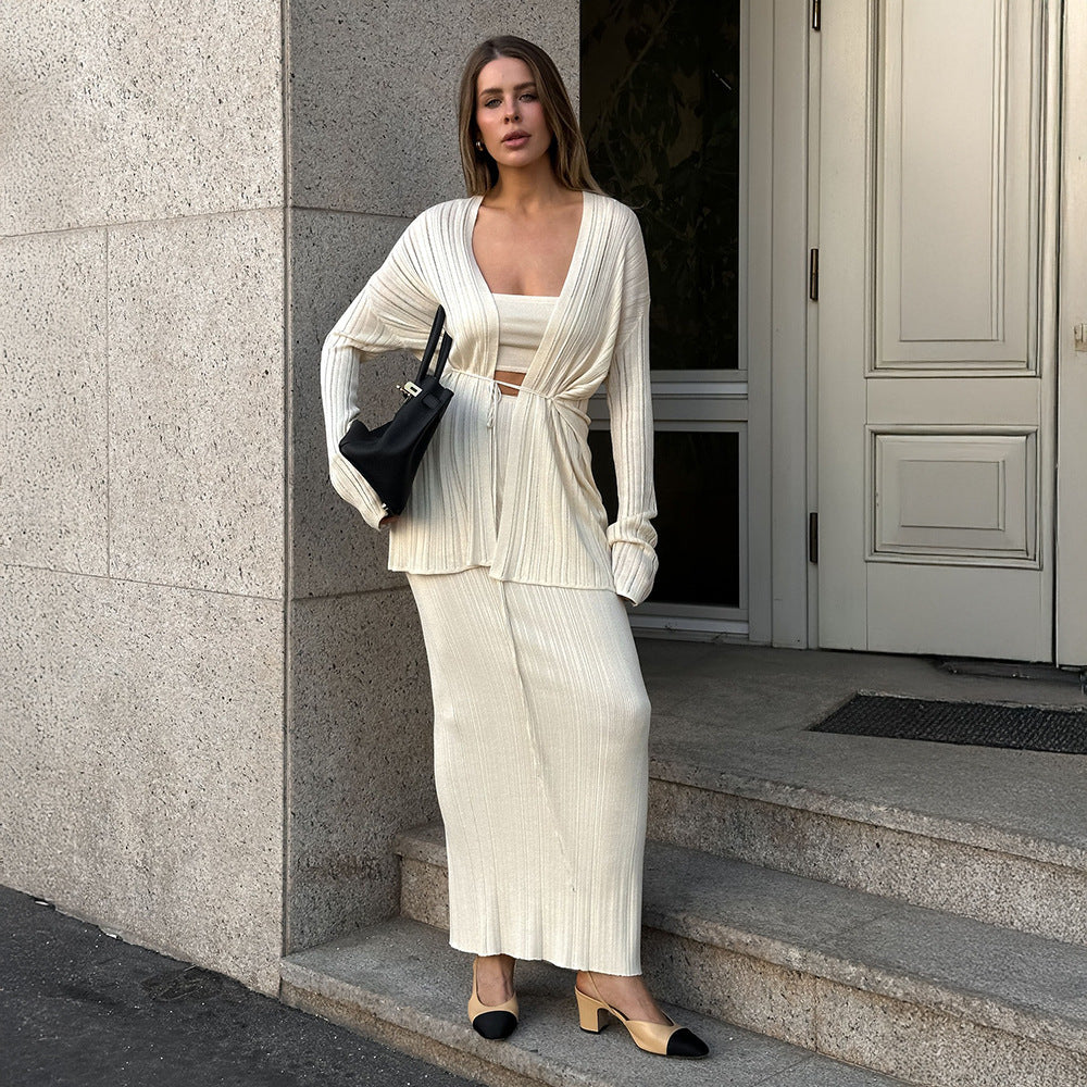 Damen Elegantes Strick-Ensemble mit Crop-Top und Maxirock Drune