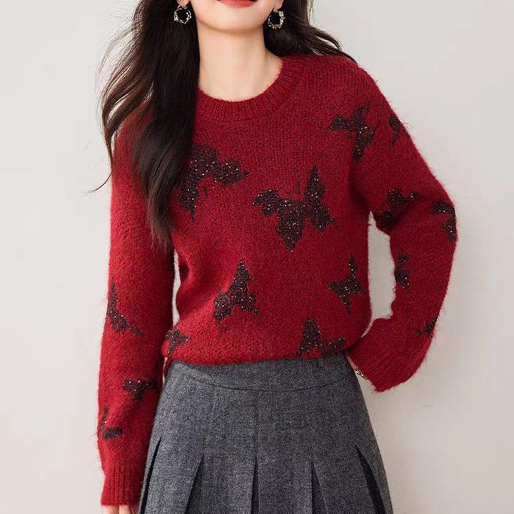 Damen stylischer Strickpullover mit glitzernden Schmetterlingsapplikationen Drune